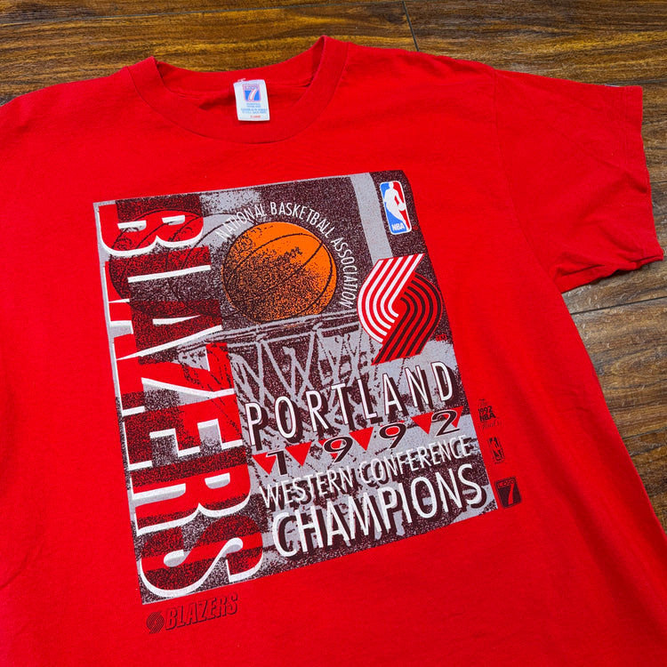 Logo 7 1992 Portland Trail Blazers Western Conference Champs Red Tee Sz XL